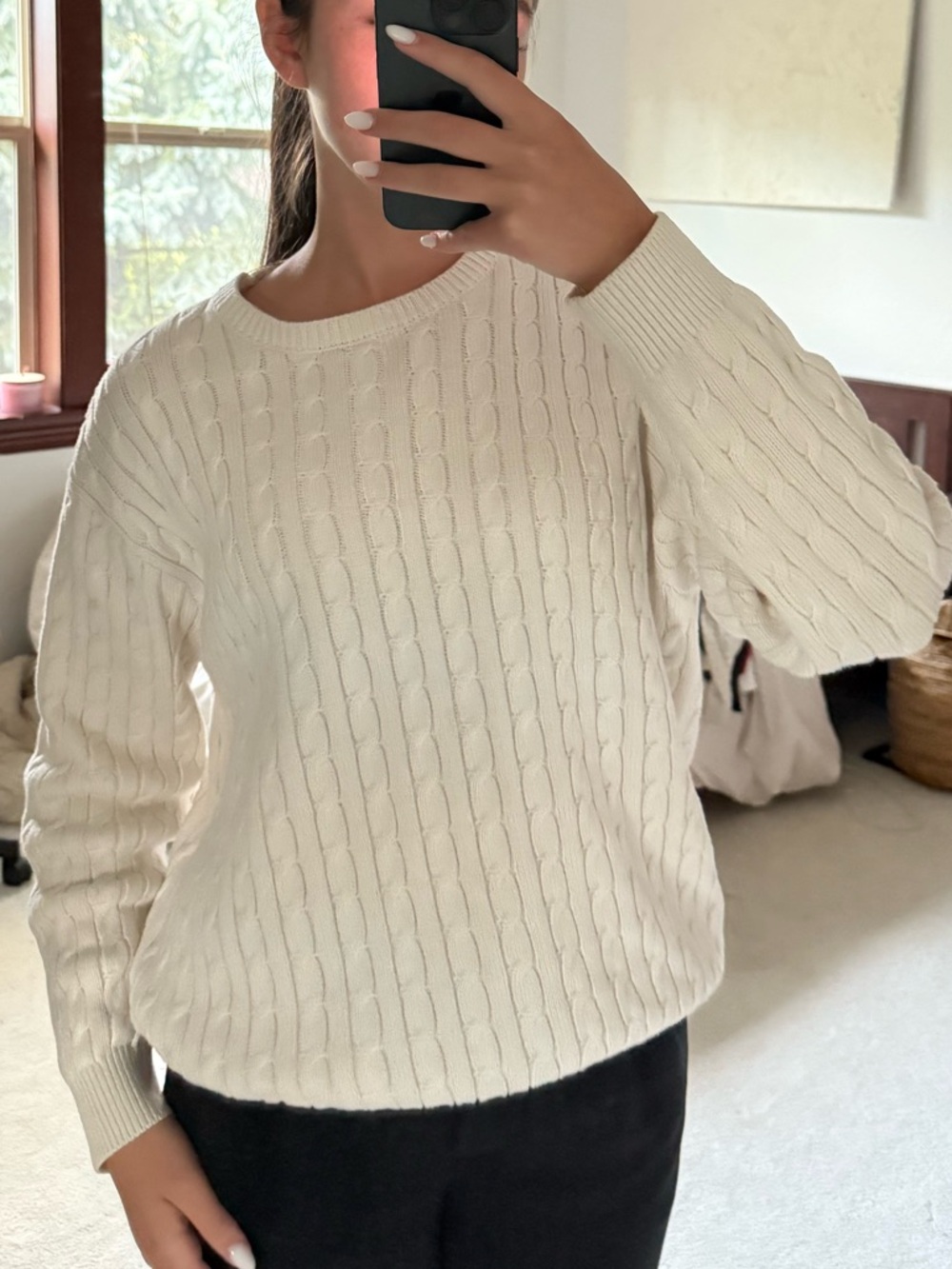 Brandy Melville Cream Cable-Knit Crewneck Sweater